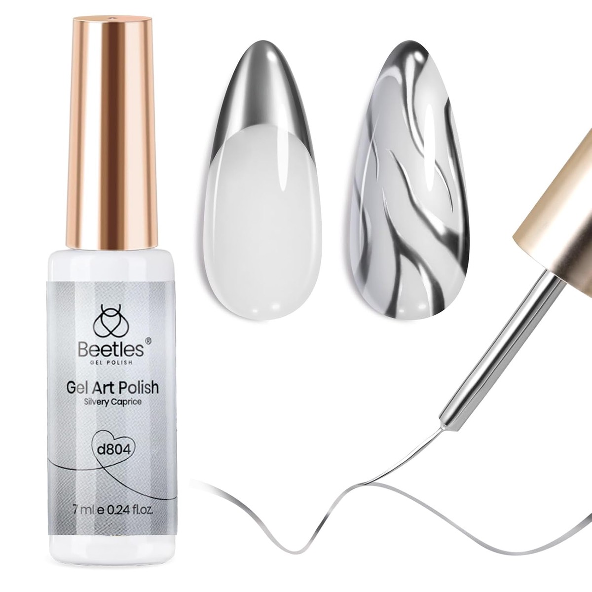 Beetles Metallic Silver Liner Gel Nail Art 7ml French Tip Gel Nail Polish 3D Mirror Chrome Effect Metal Painted Pens for Thin French Swirl Line Nail Art Polish Soak off Uv Lamp Manicure Salon