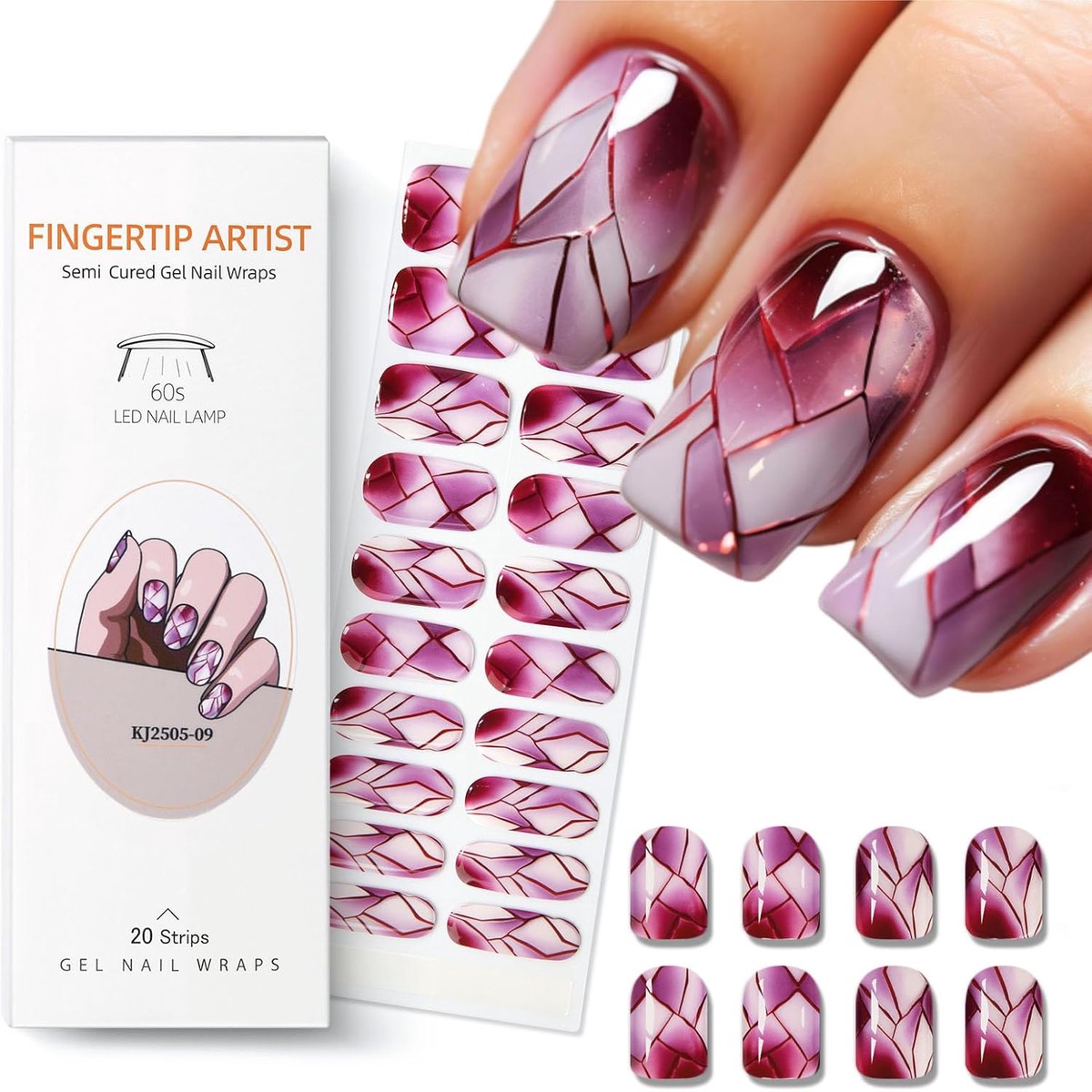 Semi Cured Gel Nail Strips with Red Broken Glass Pattern Designs Gel Nail Strips Glossy Stickers Salon Quality & Easy to Use for Women 20 Pcs