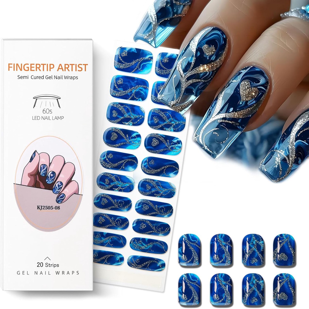 Semi Cured Gel Nail Strips with Gold Heart Designs Blue Gel Nail Strips Glossy Stickers Salon Quality & Easy to Use for Women 20 Pcs