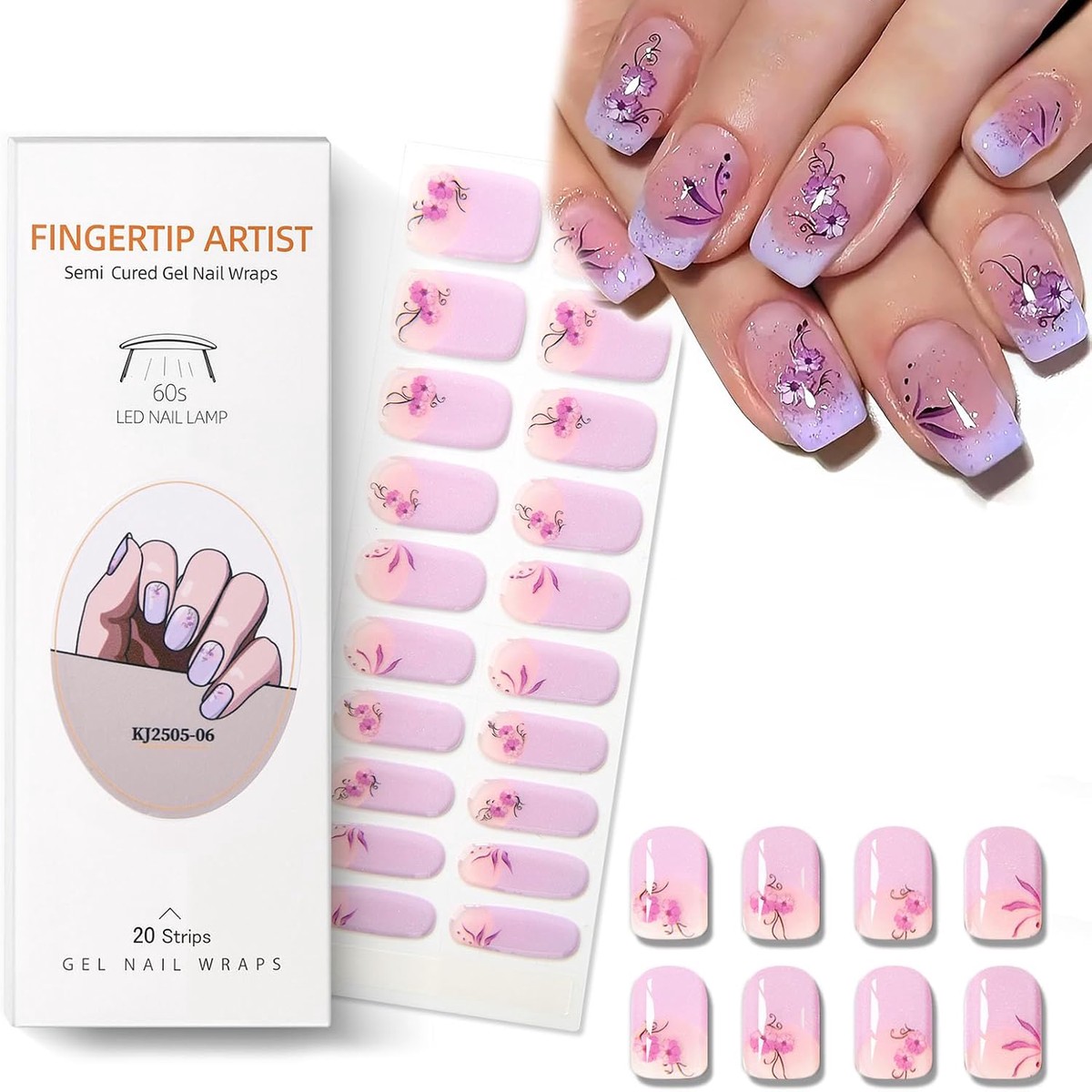 Semi Cured Gel Nail Strips French Tip Gel Nail Strips with Flower Designs Glossy Pink Stickers Wraps Need UV/LED Light Salon Quality & Easy to Use for Women 20 Pcs