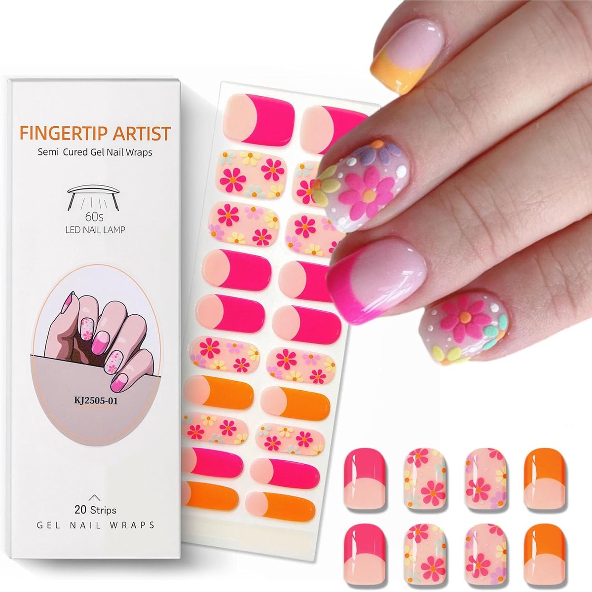 Semi Cured Gel Nail Strips French Tip Nail Stickers with Flower Designs Cute Glossy Gel Stickers Salon Quality & Easy to Use Need UV/LED Light for Women 20 Pcs